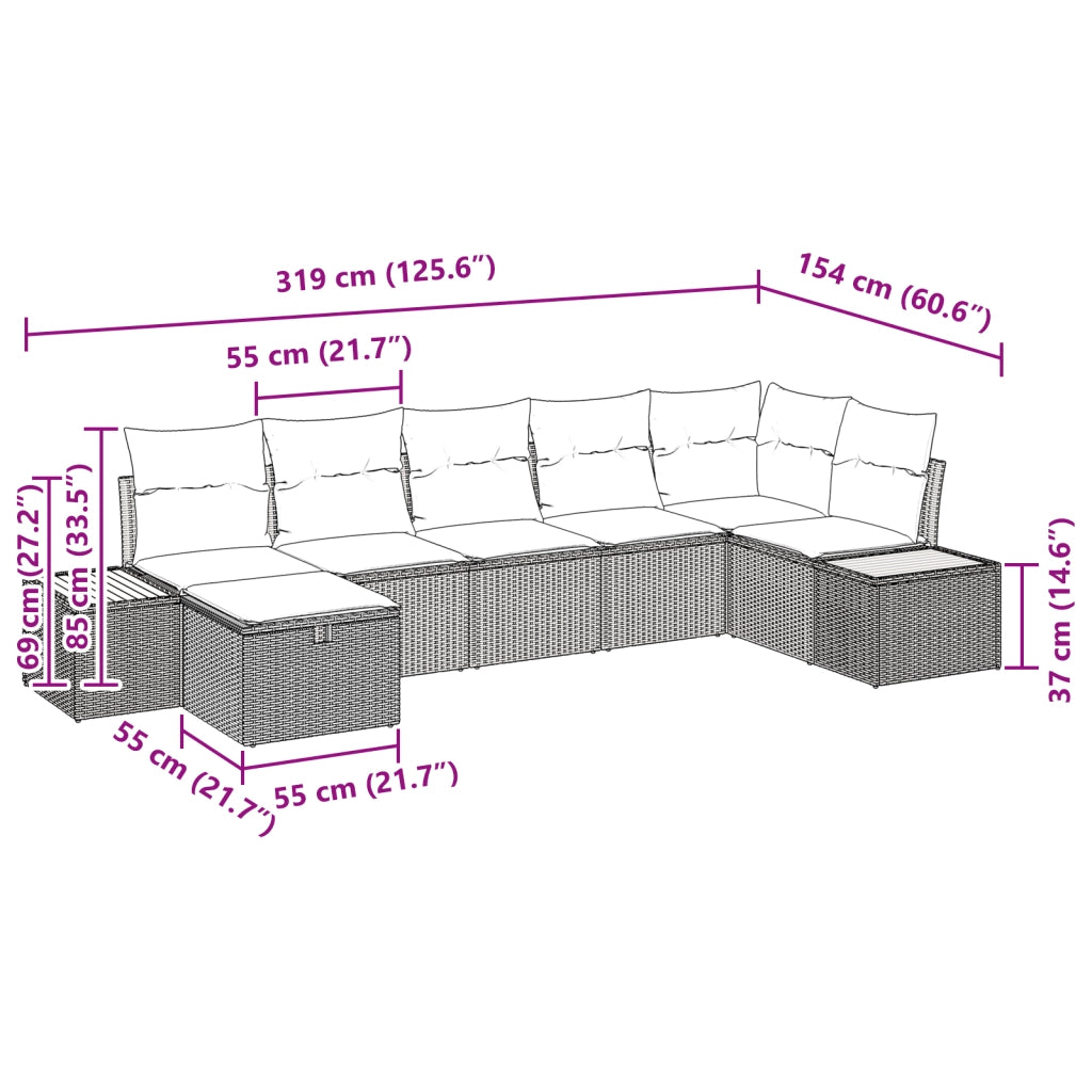 Set di Divani da Giardino a 7 Pezzi con Cuscini Neri in Polyrattan