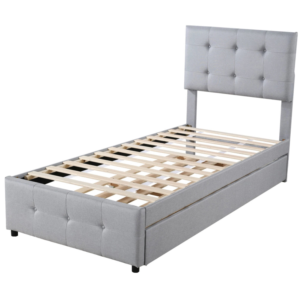 Letto imbottito 90x200 cm con letto estraibile e testiera regolabile in tessuto di lino grigio