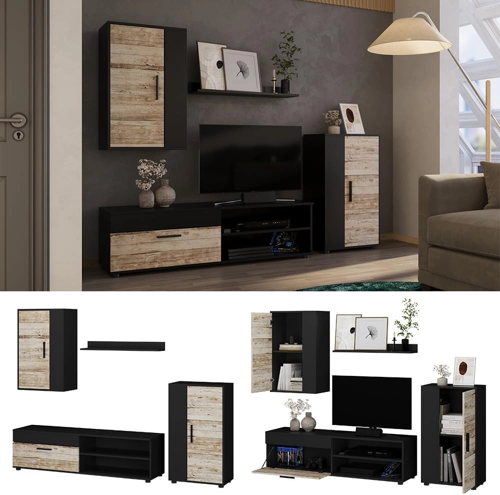Parete attrezzata Berno, Antracite/beige, Set di 4 pezzi, per la conservazione di dispositivi multimediali e accessori