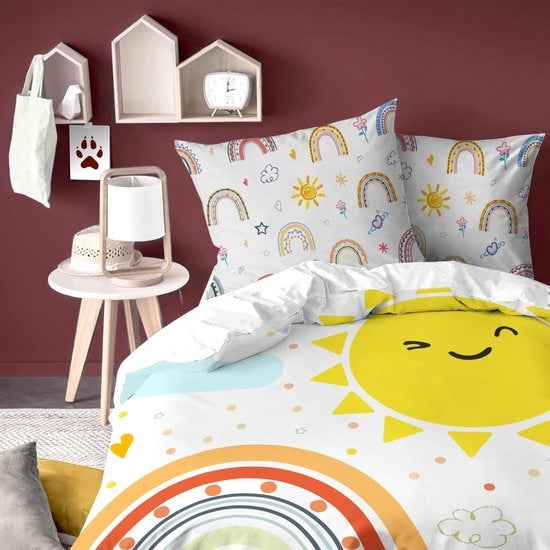 Coperta da letto 140 x 200 cm - Bambini - Bianco con Arcobaleno - Microfibra Polyester - Respirante - Con 1 Cuscino 65 x 65 cm - Coperte da letto