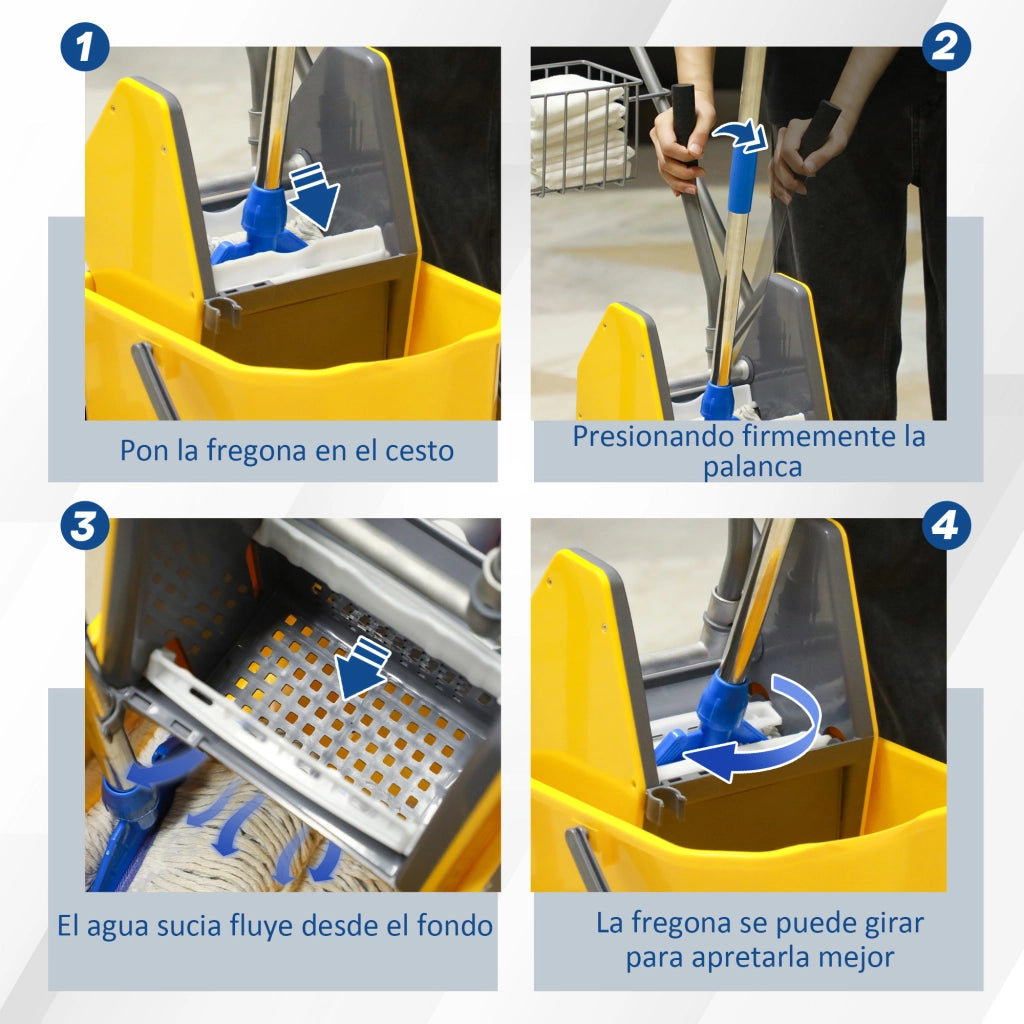 Carrello Pulizia con 2 Secchi 25L Scopa e Scaffali ¨C zephmum ¨C Giallo 72x49,5x95 cm