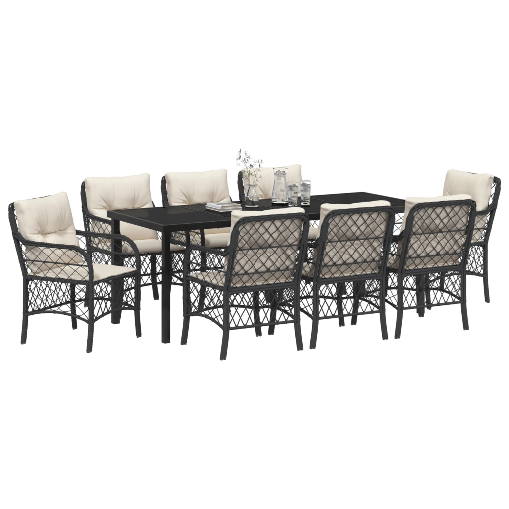 Set da pranzo da giardino da 9 pezzi con cuscini Nero Polyrattan