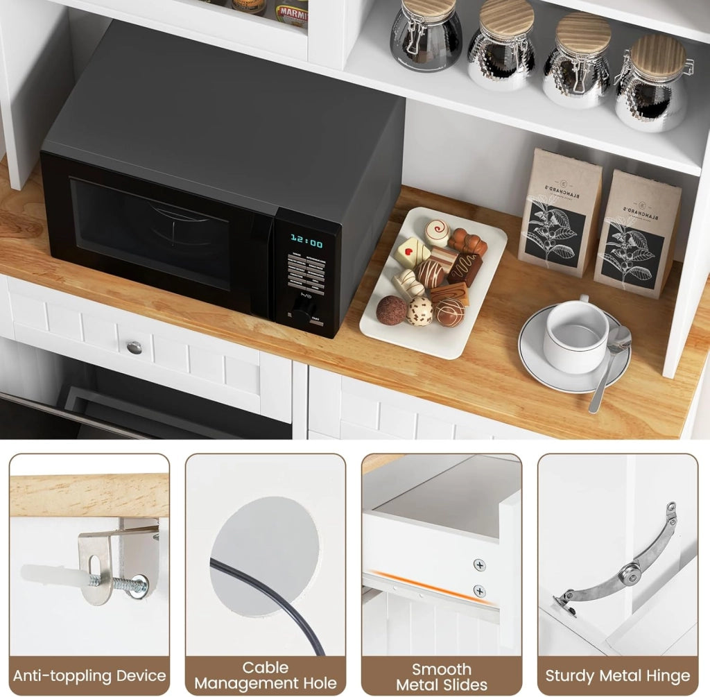 Credenza da Cucina con 3 Ante, 2 Cassetti e Pattumiera 38 L, Piano di Lavoro in Legno, 3 Ripiani Regolabili e 4 Armadi, 100 x 34 x 172 cm, Ideale per Cucina e Soggiorno (Bianco)