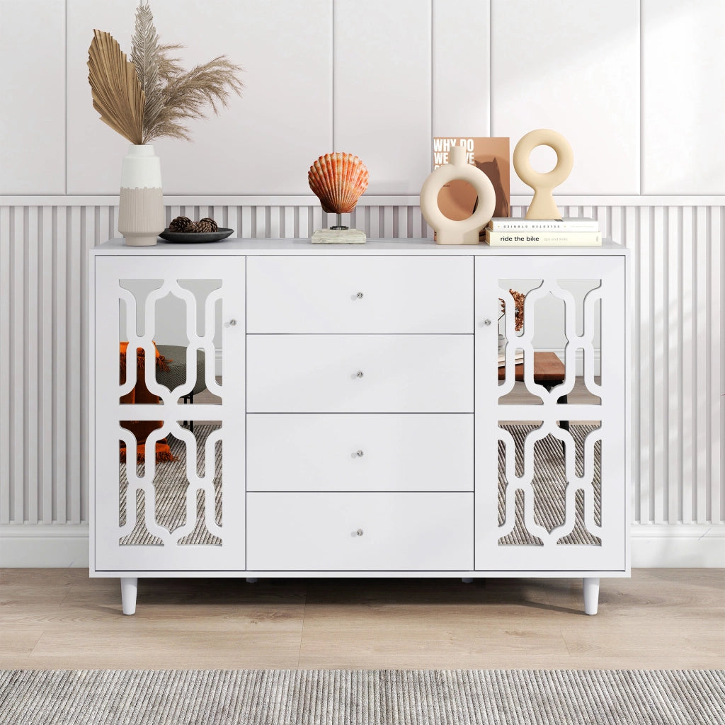 Credenza con 2 Ante; 4 Cassetti e Maniglie in Cristallo; Finitura a Specchio; in MDF; Bianco; 147;5??40??102 cm