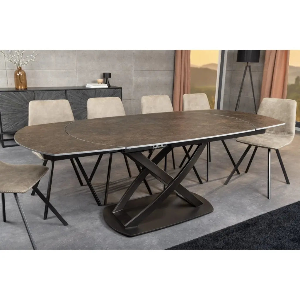 Table ATONIA – Allungabile ovale 130 a 190 cm – Piano in ceramica effetto marmo bronzo – Gambe in metallo – Stile moderno