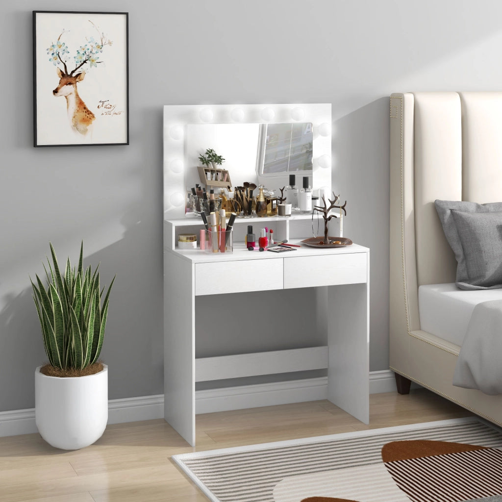 Consolle Trucco con Specchio e 10 Luci LED Stile Hollywood 80x40x135 cm in Melamina Bianco