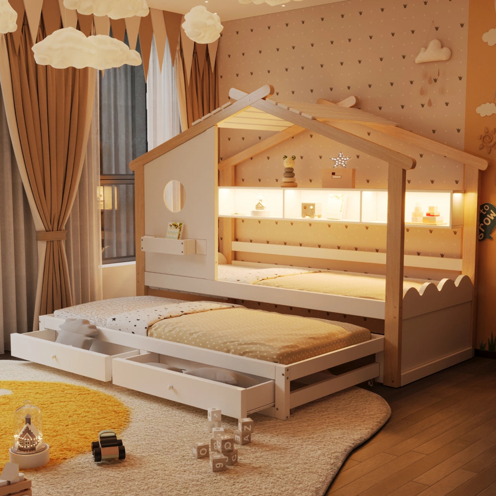 Letto Singolo per Bambini con Letto Estraibile ¨C MINIMAL ¨C Bianco, LED, USB, Cassetti, 90x200
