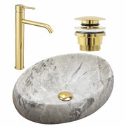 Set Lavabo Da Appoggio Linda Stone + Rubinetto Da Bagno Lungo Gold + Tappo Gold