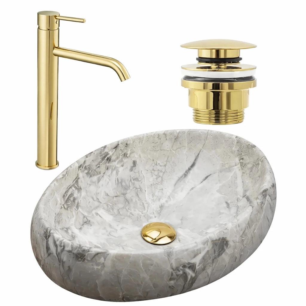 Set Lavabo Da Appoggio Linda Stone + Rubinetto Da Bagno Lungo Gold + Tappo Gold