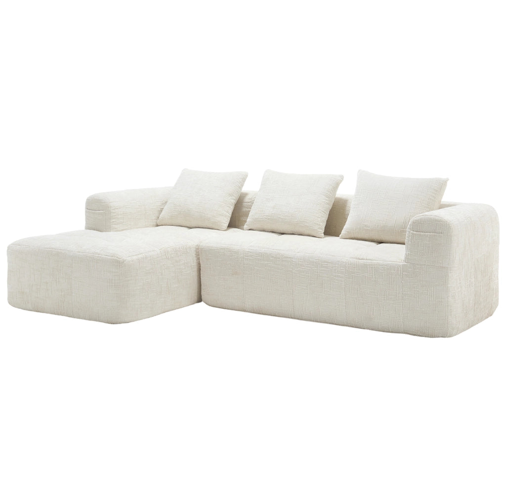 Divano modulare a L 3 posti in chenille beige con chaise longue e braccioli, dimensioni 250x158x60 cm