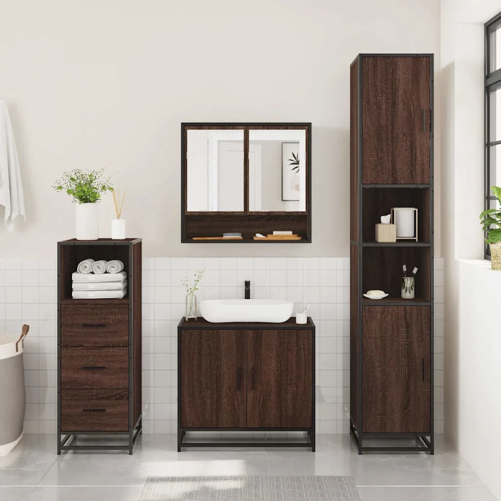 Set Mobili da Bagno 3 pz Rovere Marrone in Legno Multistrato
