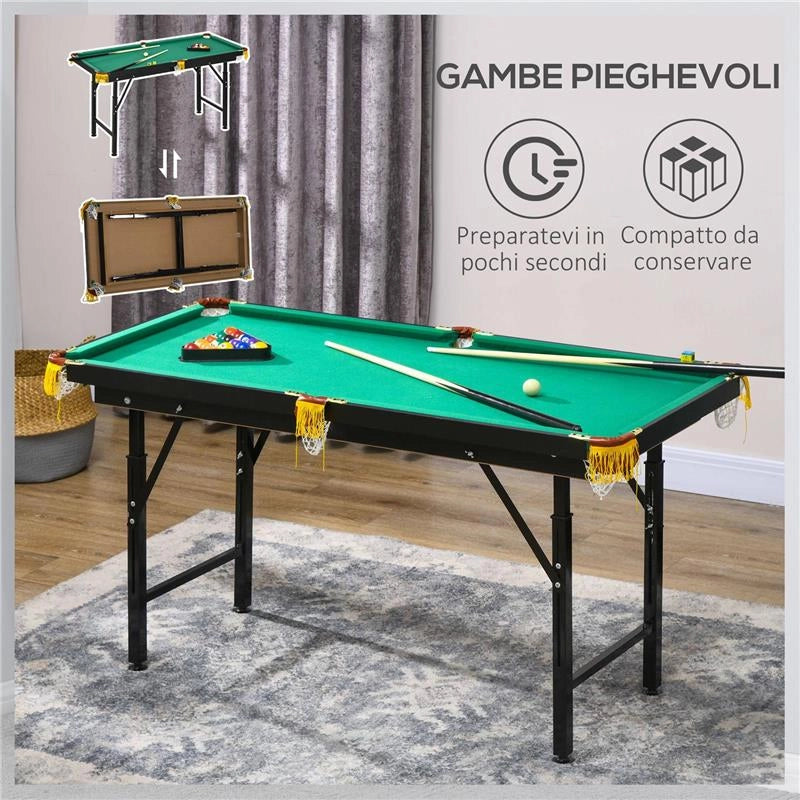 TAVOLO DA BILIARDO AD ALTEZZA REGOLABILE CON ACCESSORI, IN MDF E ACCIAIO, 140X63X55-75 CM, VERDE