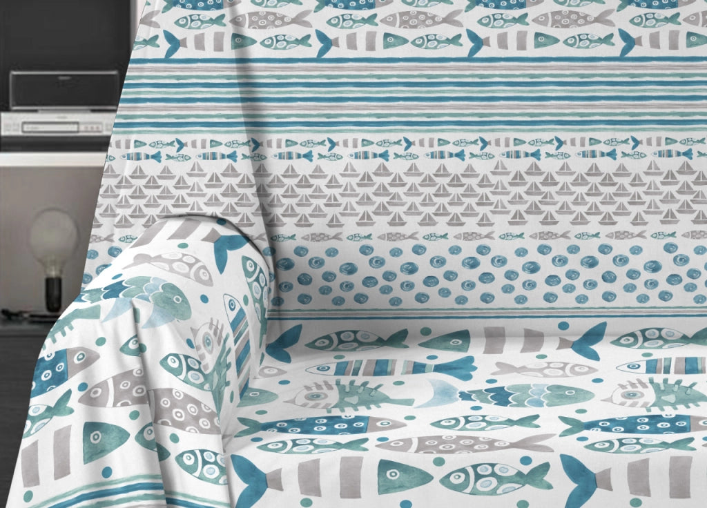 Telo Arredo Granfoulard Copritutto Salvadivano 100% Cotone Disegno Pesci - Singolo - Azzurro