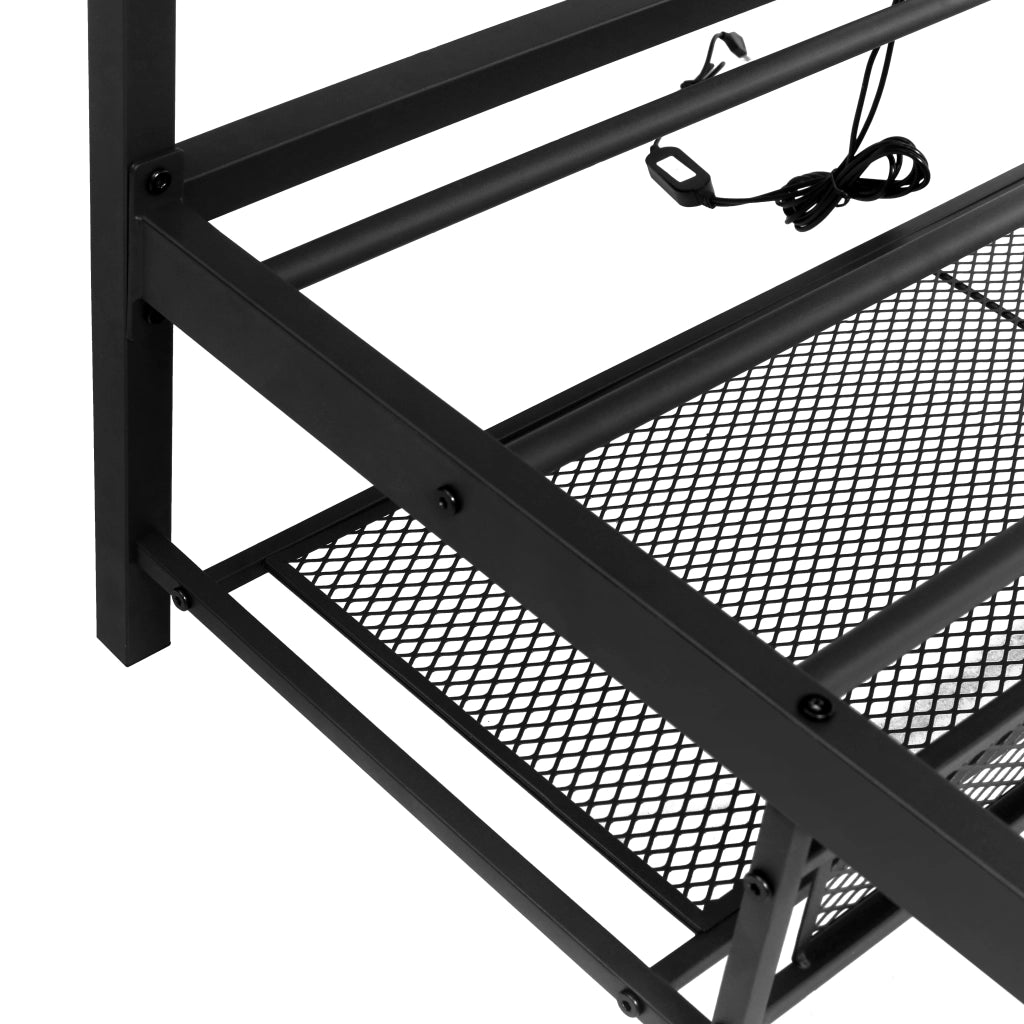 Letto per adulti in metallo nero con supporto monitor regolabile, luci LED e cestino, senza materasso