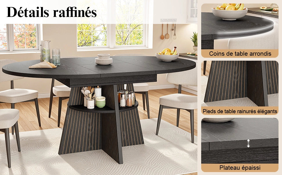 Tavolo allungabile con vano aperto e angoli arrotondati, per 2-8 persone, in MDF e metallo, nero, 110-150 × 110 × 76 cm