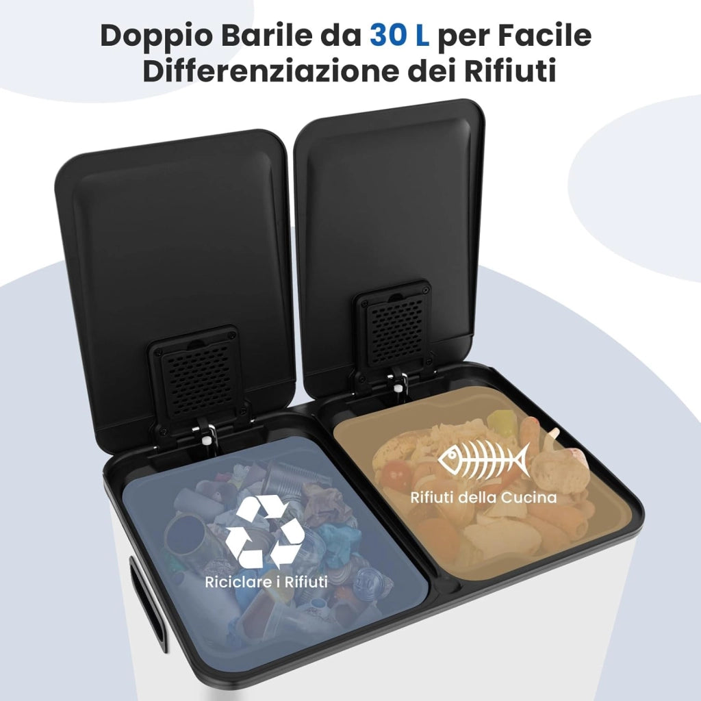 2x30 L Pattumiera Differenziata, Bidoni Differenziata in Acciaio Inox a 2 Scomparti, Anti-Impronte, Secchio Spazzatura con Coperchi a Chiusura Morbida, per Casa Ufficio (Bianco)