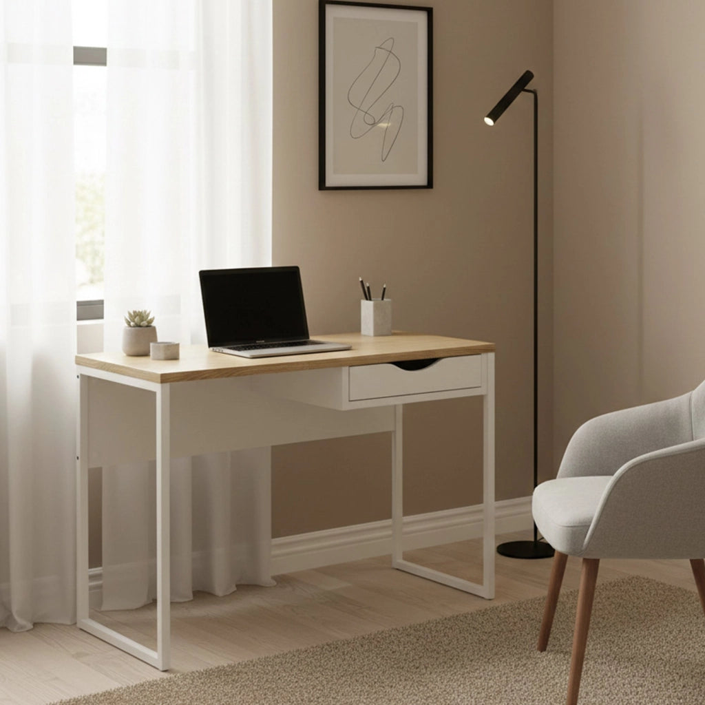 Scrivania Agave, Scrittoio multiuso, Tavolo per ufficio porta PC, Piano di lavoro, 110x48 h77 cm, Bianco