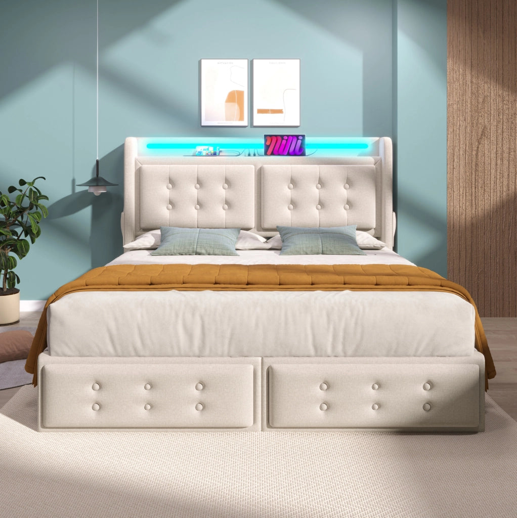 Letto matrimoniale beige 180x200 con LED, USB-C, 4 cassetti e rete a doghe