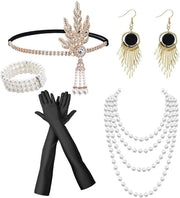Set di accessori da festa 5 pezzi - Diadema/Tiara - Guanti neri lunghi - Orecchini/Collo - Materiale: Pietre/Perle