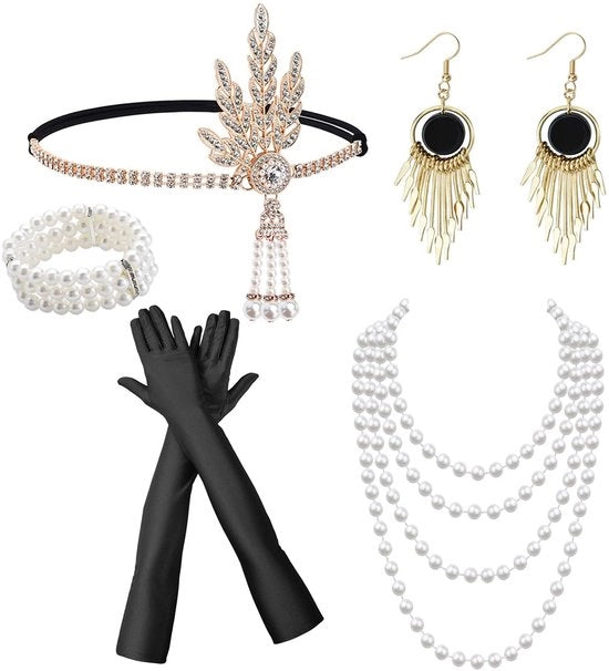 Set di accessori da festa 5 pezzi - Diadema/Tiara - Guanti neri lunghi - Orecchini/Collo - Materiale: Pietre/Perle