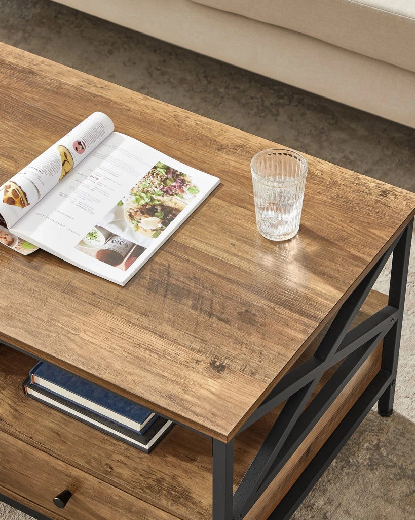 Tavolino da caffè tavolo da soggiorno credenza bassa con 2 cassetti e un vano aperto struttura in acciaio a forma di X 100 x 55 x 45 cm stile industriale marrone 12_0007486