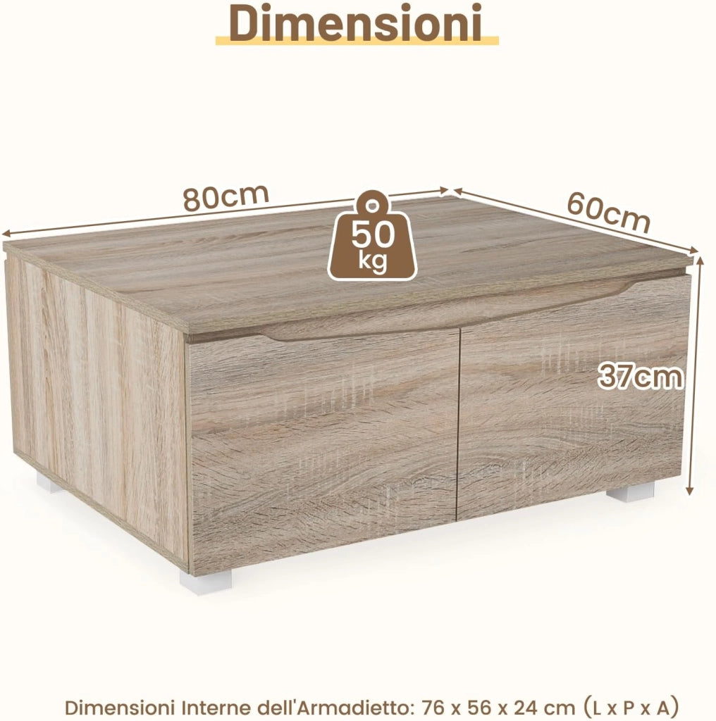 Tavolino da Salotto con Spazio di Stoccaggio Ampio, Apertura a Doppio Lato, Tavolino da Caffè con 4 Ante e Piedini Antiscivolo, Tavolo Basso in Legno per Soggiorno, Studio e Ufficio