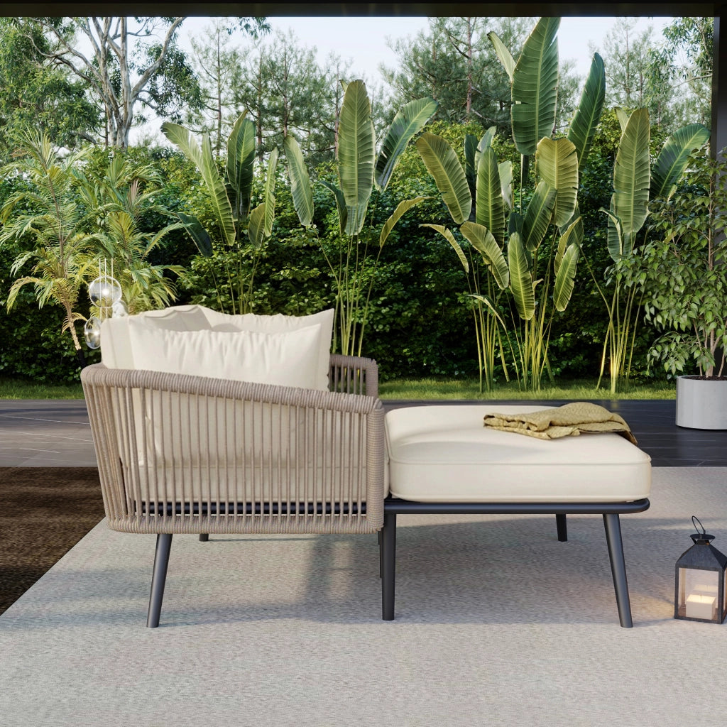 Chaise longue da giardino con cuscino spesso e braccioli intrecciati in corda, acciaio zincato, khaki sfoderabile