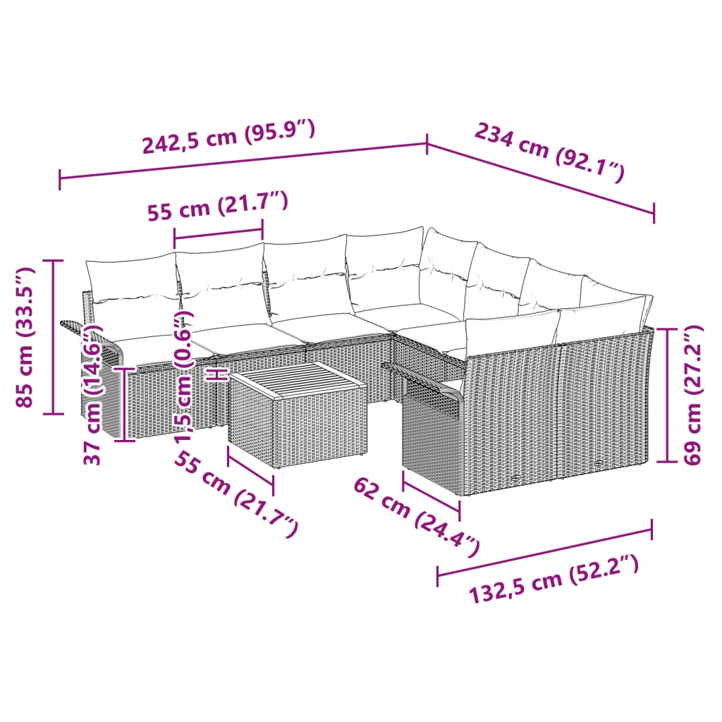 Set Divano da Giardino 9 Pezzi con Cuscini Nero Polyrattan Acacia