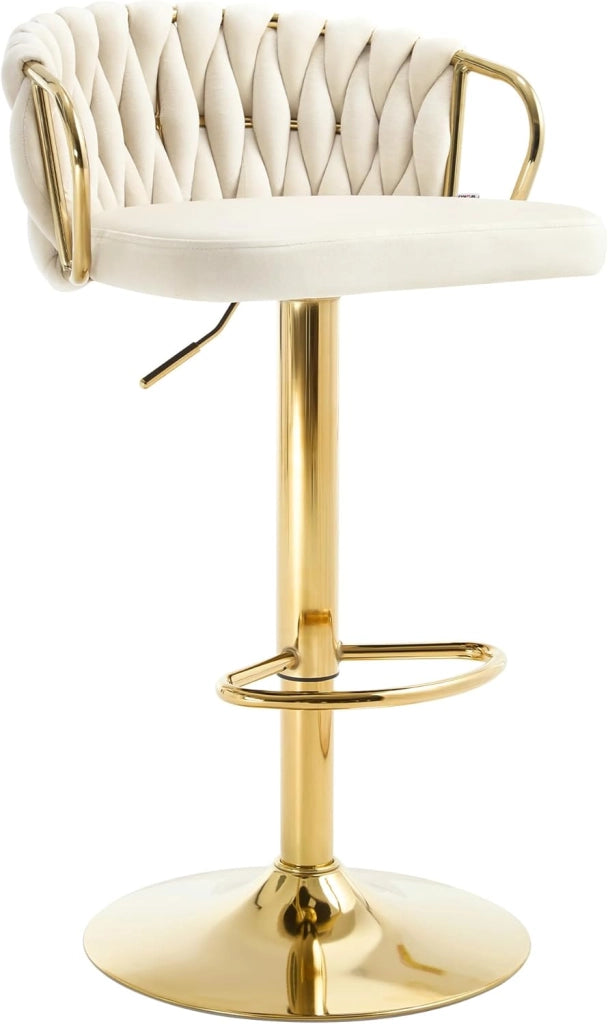 Sgabello da Cucina Altezza Regolabile, Sgabello da Bar in Velluto, Girevole a 360°, con Base in Metallo e Poggiapiedi, Crema