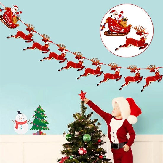 Drappello di Natale Felice - Slinger con Rudolf e Babbo Natale - 9 Pezzi - Carta da riciclo per la decorazione - 3 Metri di Nastro Rosso - Decorazione riutilizzabile - Decorazioni di Natale
