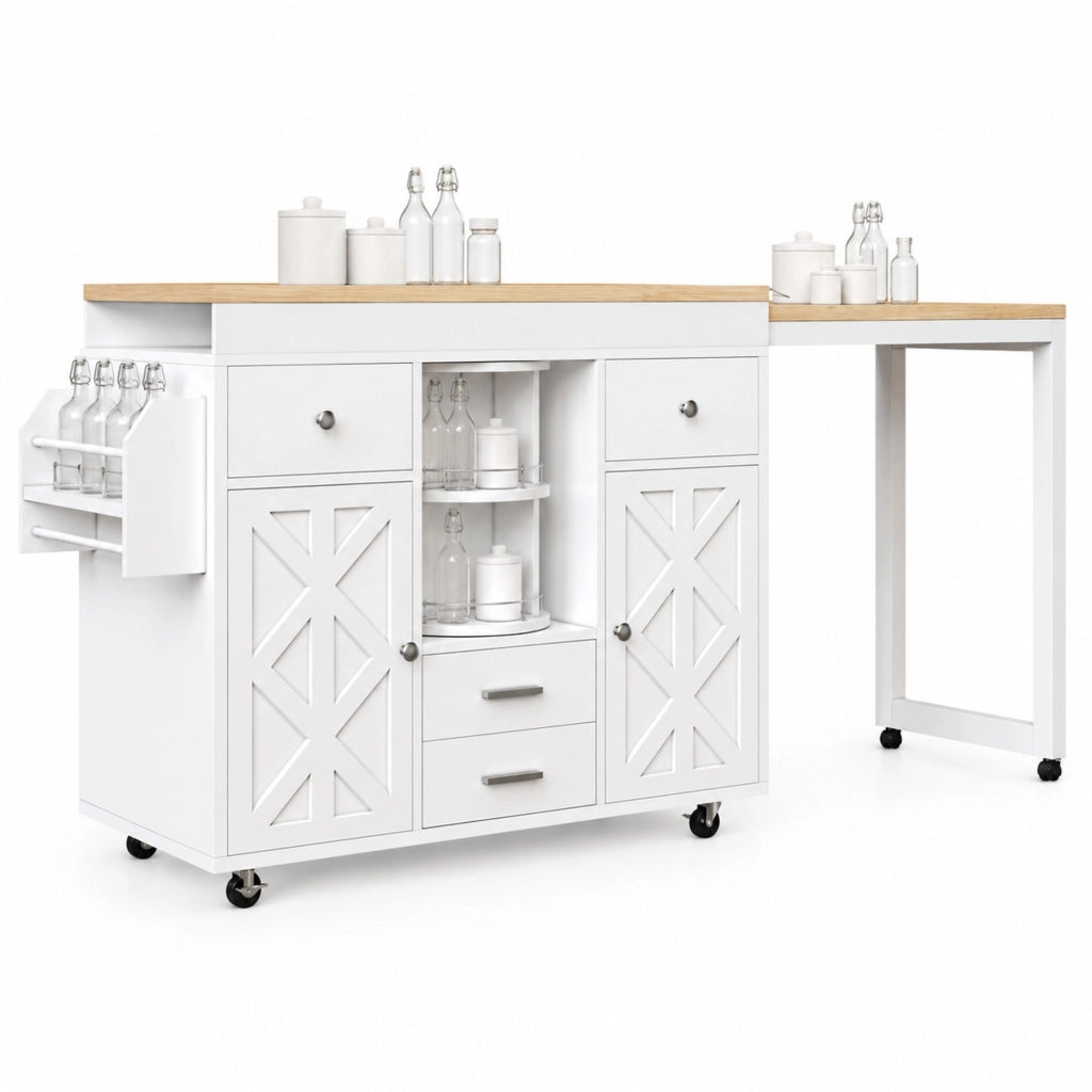 Bar mobile estensibile 110-180 x 40 x 91 cm in MDF bianco, con ruote