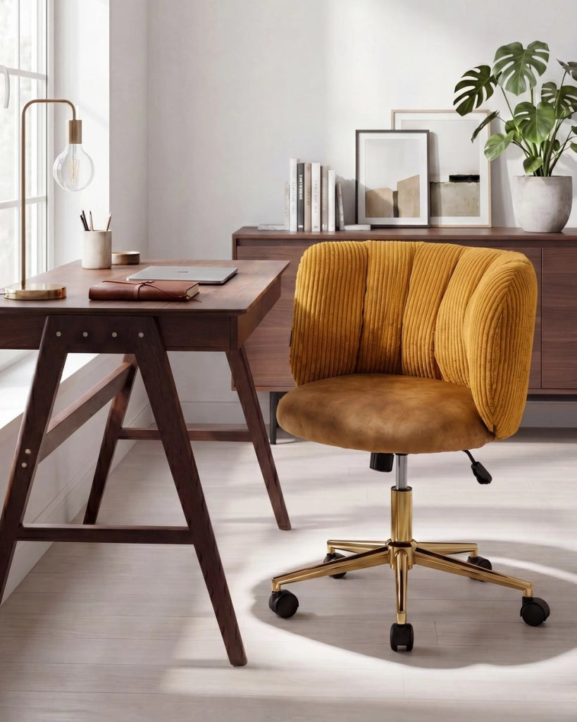 Sedia da scrivania per l'ufficio domestico in velluto a coste color senape con base girevole in ferro, schienale reclinabile, regolazione in altezza, stile retrò