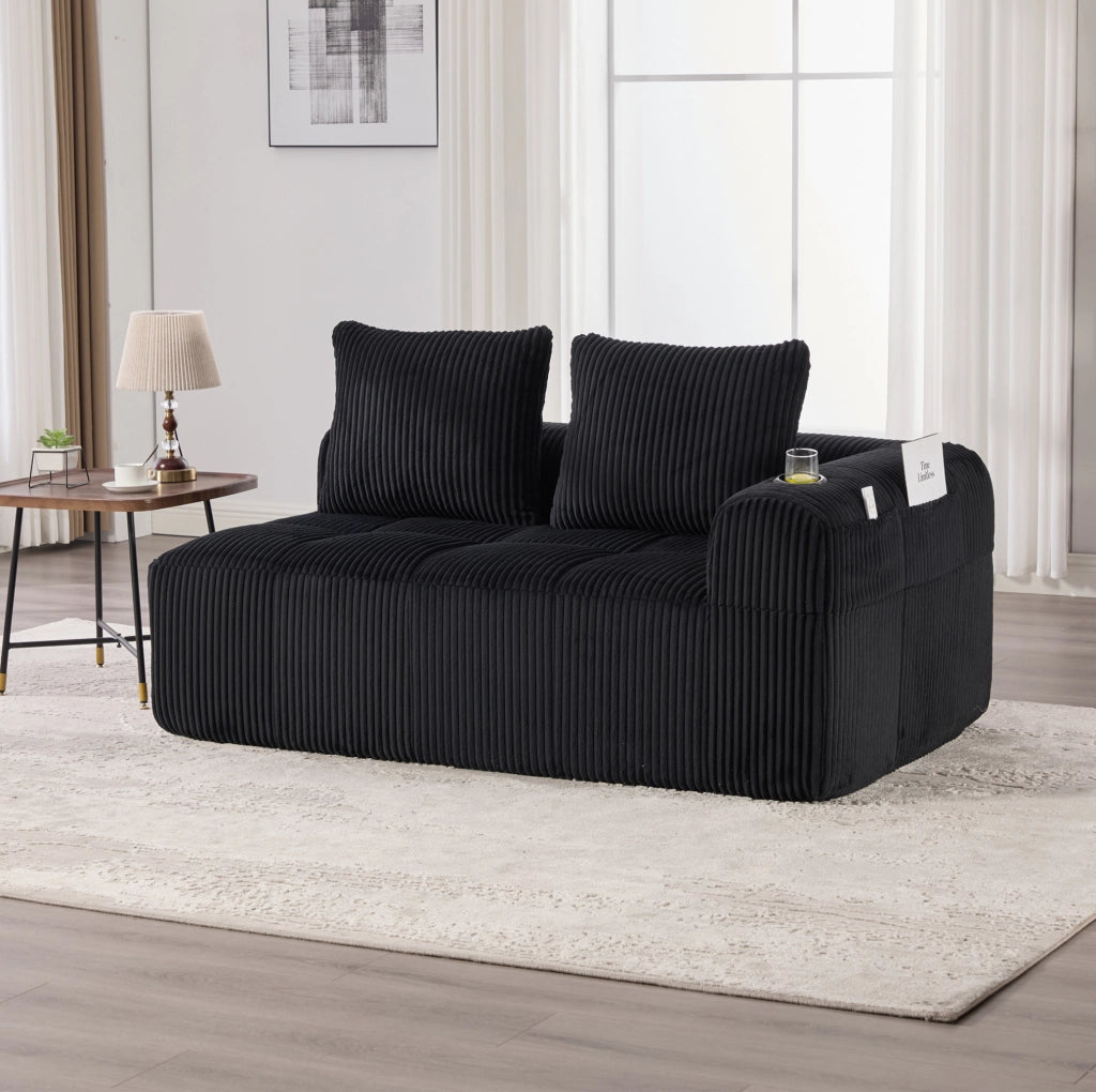 Divano 2 posti in corduroy nero 158x93x61 cm con tasche laterali e portabicchieri