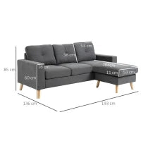 Divano Angolare 3 Posti, Divano ad Angolo con Penisola Reversibile 193x136x85 cm, Divanetto a L Convertibile Moderno con Cuscini Rimovibili in Tessuto Effetto Lino per Salotto e Soggiorno, Grigio