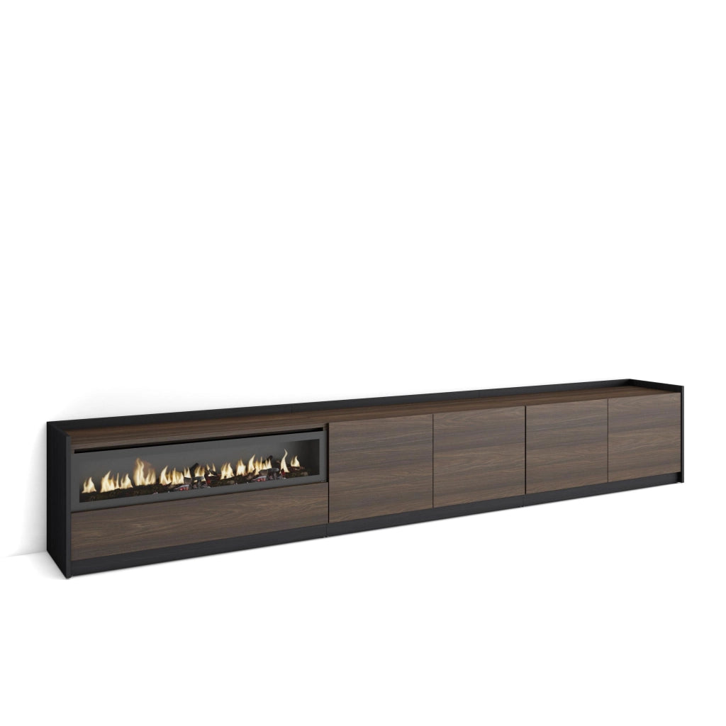 Mobile TV Soggiorno, 310x50x37 cm, Per TV fino a 80", Camino elettrico, Rovere scuro e Nero