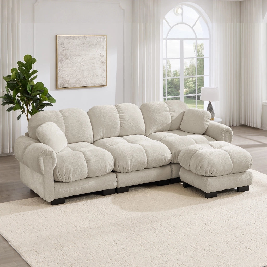 Divano angolare modulare 3 posti in chenille con pouf mobile; 260x149x90 cm; kaki chiaro