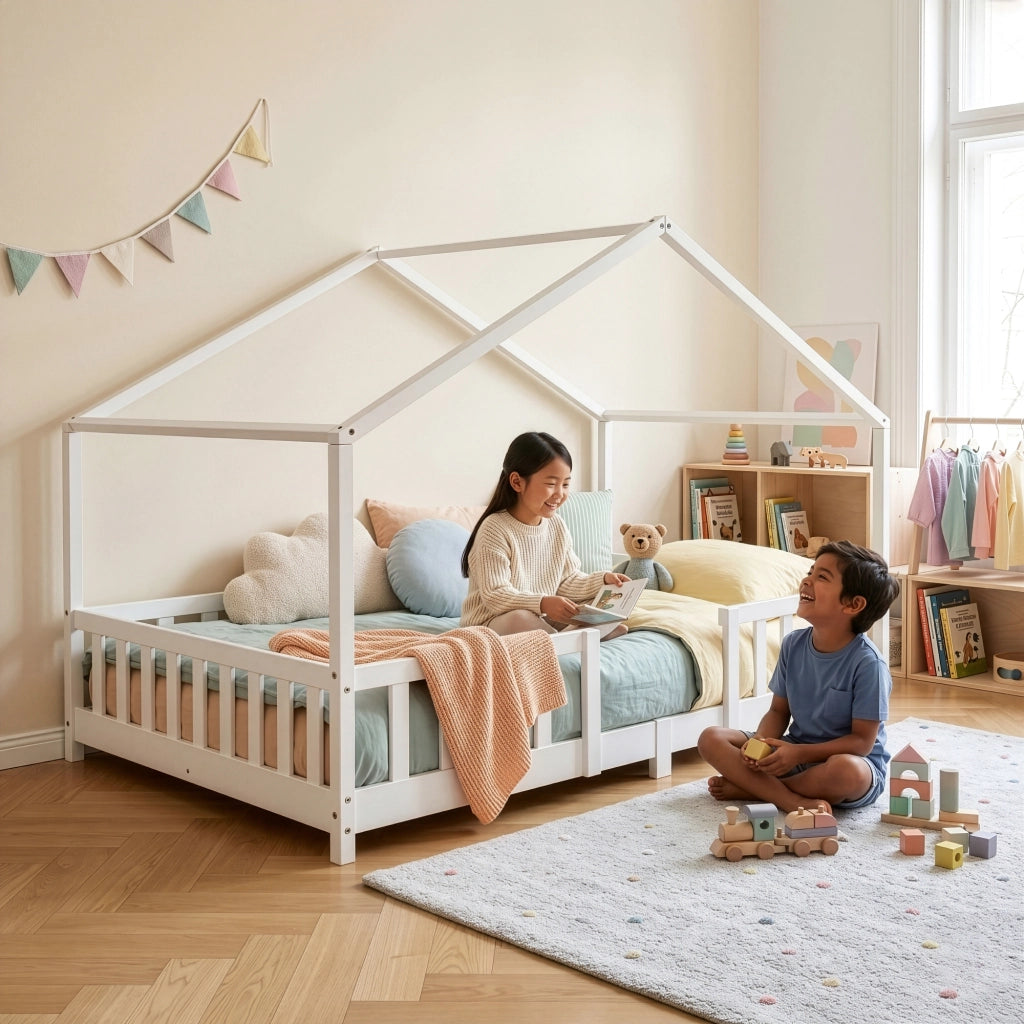 Letto per Cameretta Treviolo a Forma di Casetta in Stile Montessori con Materasso 140x200 cm - Bianco [en.casa]