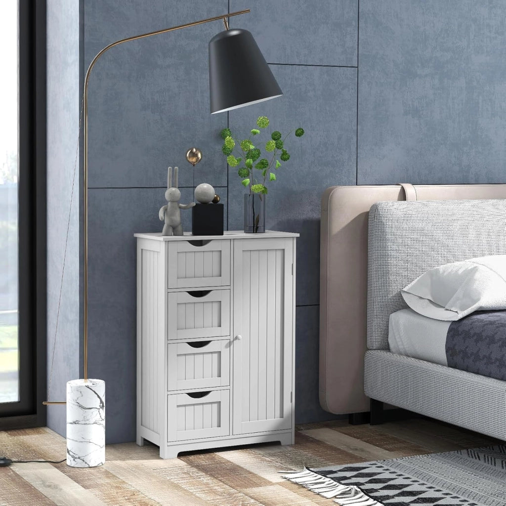 Armadietto portaoggetti con ripiano regolabile, armadio da bagno con 4 cassetti e 1 anta, 56 x 30 x 82 cm, con chiusura ribaltabile, per soggiorno, cucina (bianco), SE09884MTDE