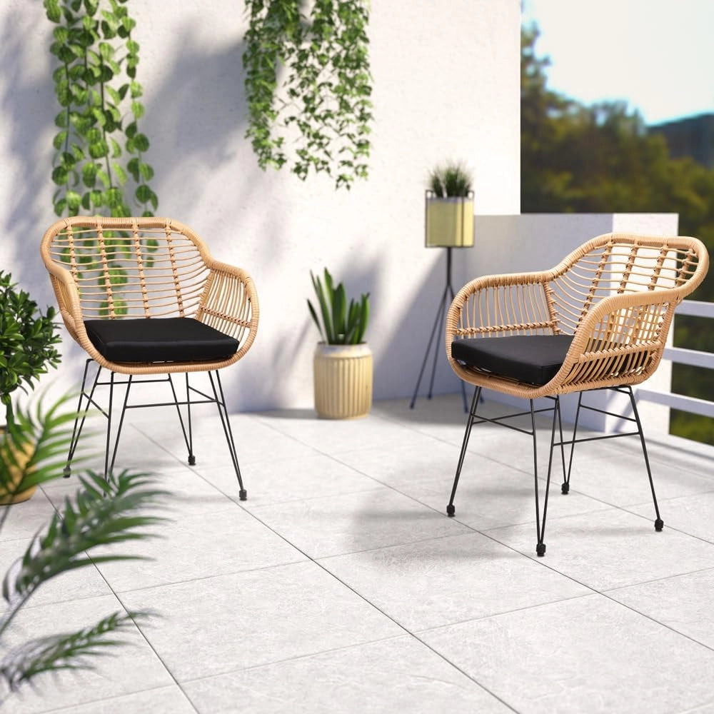 Set 2pz Poltrone Bali Effetto Vimini Sedie da Giardino con Cuscino e Braccioli Mobili da Esterno