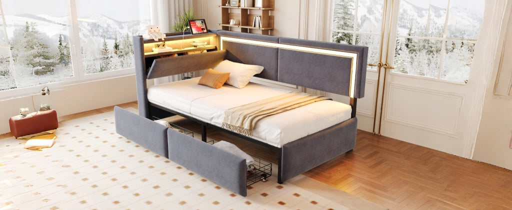 DESMIU Letto divano 90 × 200 cm 1 posto con LED, USB e vani contenitore, senza materasso, in velluto grigio