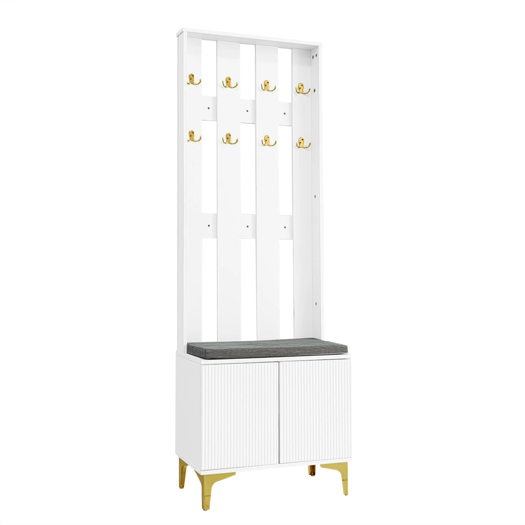 Mobile Ingresso con Panca Scarpiera 2 Ante; Push-to-Open; Ripiani Regolabili; Bianco; in Pannello truciolare; 60;5×35;2×180;5 cm