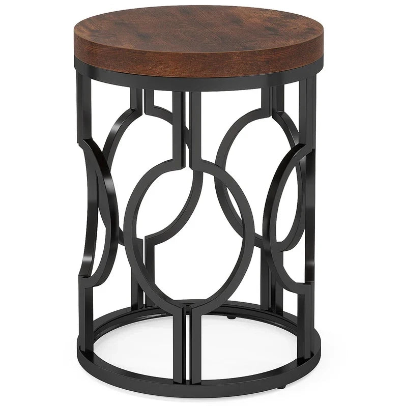 Tavolino rotondo ?45 x 50 cm in MDF e metallo nero e marrone rustico