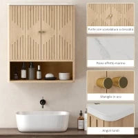 Armadietto Bagno a Parete con Ripiano Aperto e Ante Decorate, Piano Effetto Marmo, 60x18x70 cm, Rovere
