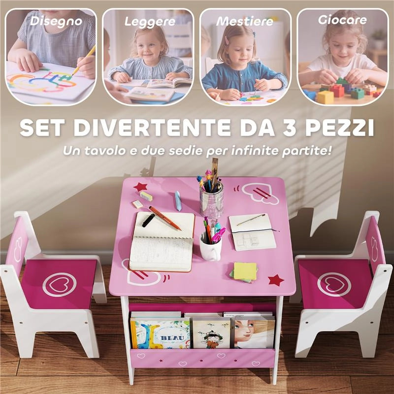 SET TAVOLO CON 2 SEDIE PER BAMBINI 3-8 ANNI, TAVOLINO CON SCAFFALE IN LEGNO MDF CON DISEGNI A CUORI, ROSA