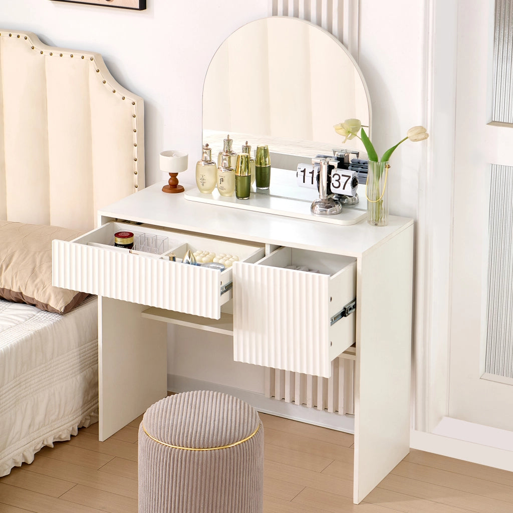 Toeletta con specchio e 2 cassetti - per camera da letto - in MDF - 103×68×16 cm - bianca