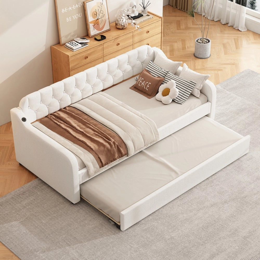 Divano Letto con Estraibile ¨C MINIMAL ¨C Tessuto Beige 90x200 cm con USB