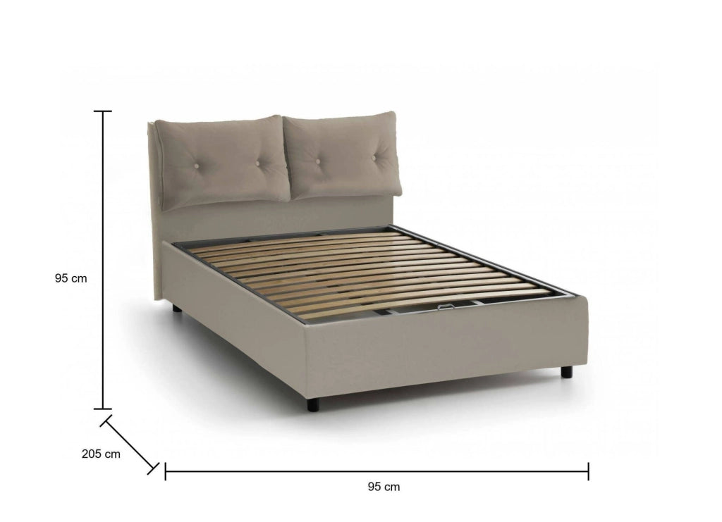 Letto singolo Anzi, Letto contenitore con rivestimento in ecopelle, Made in Italy, Apertura laterale, adatto per materasso cm 80x190, Tortora