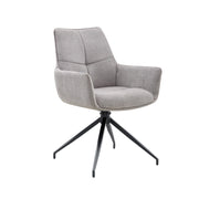 Sedia girevole a 360° con braccioli; seduta imbottita e cuciture decorative in tessuto grigio e metallo nero