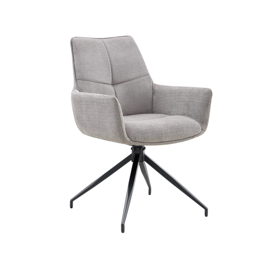 Sedia girevole a 360° con braccioli; seduta imbottita e cuciture decorative in tessuto grigio e metallo nero