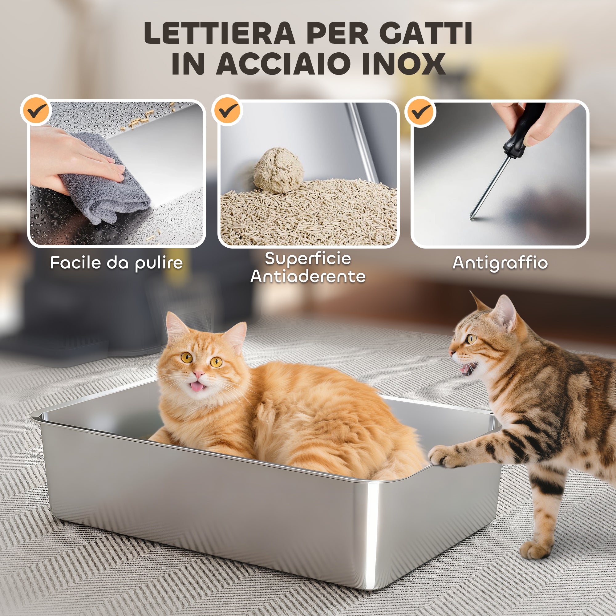 Lettiera per Gatti Chiusa 63x43x43 cm Capacità da 80L con Vassoio Estraibile in ABS e Acciaio Inox Grigio Scuro